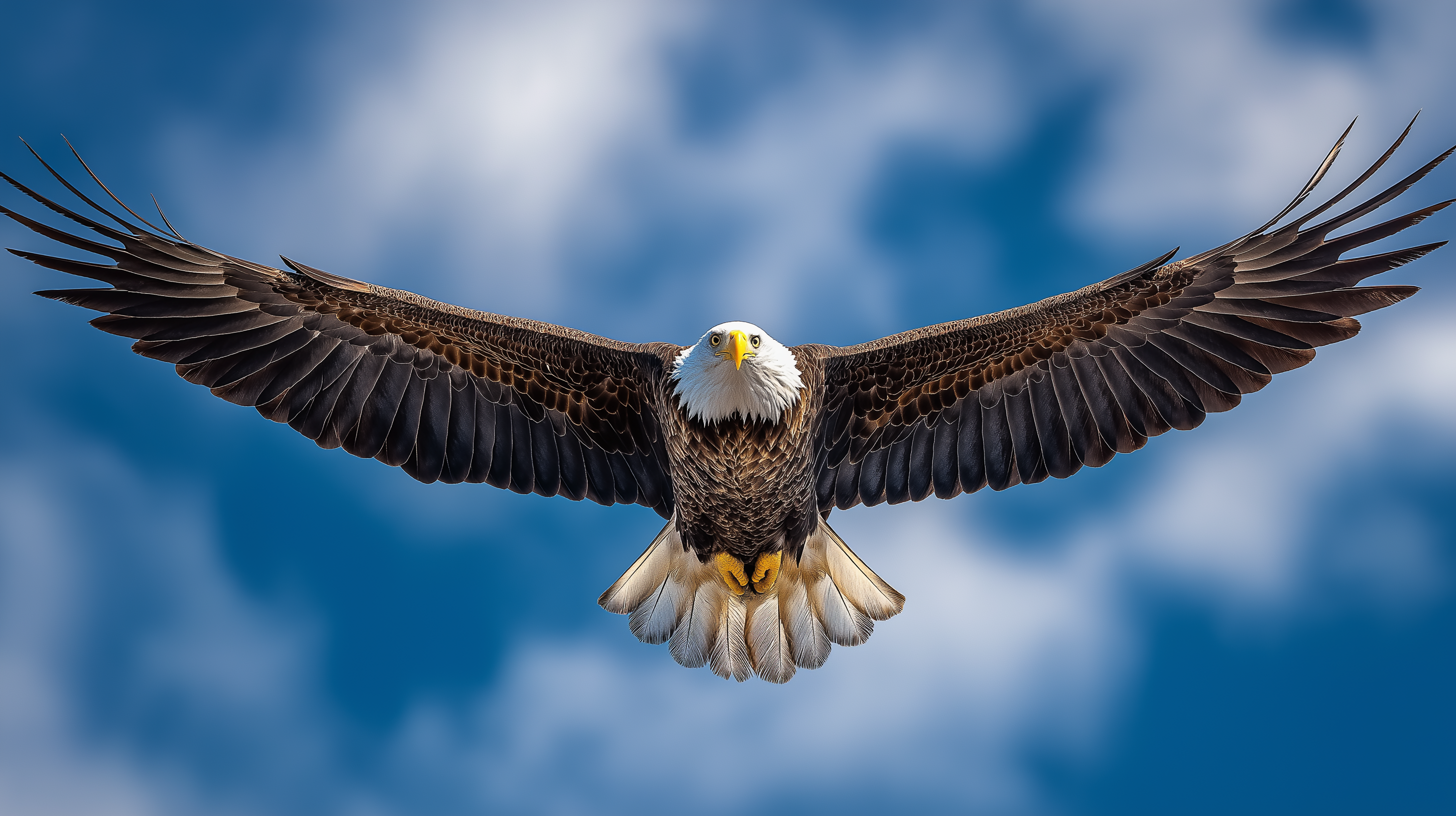Eagle 桌布 壁紙 — 一隻白頭鷹展開雙翅，在點綴著柔和白雲的鮮豔藍天中翱翔。