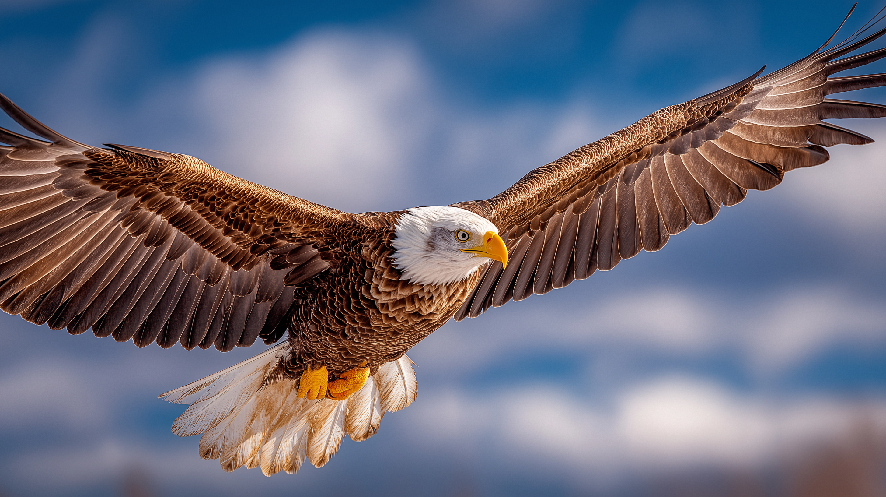 Eagle 桌布 壁紙 — 一隻白頭鷹展開雙翅，在點綴著蓬鬆白雲的鮮豔藍天中翱翔。