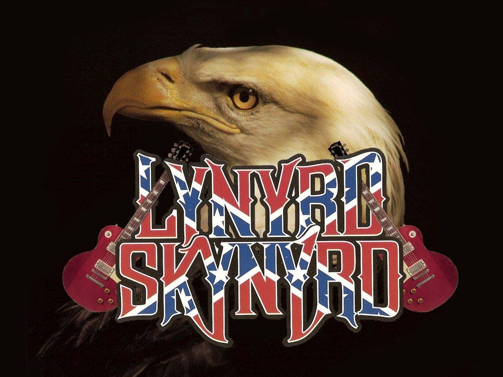 音樂 桌布 壁紙 — 一隻白頭鷹的頭部聳立在醒目的紅、白、藍色 Lynyrd Skynyrd 標誌後面，吉他融入字母設計中。