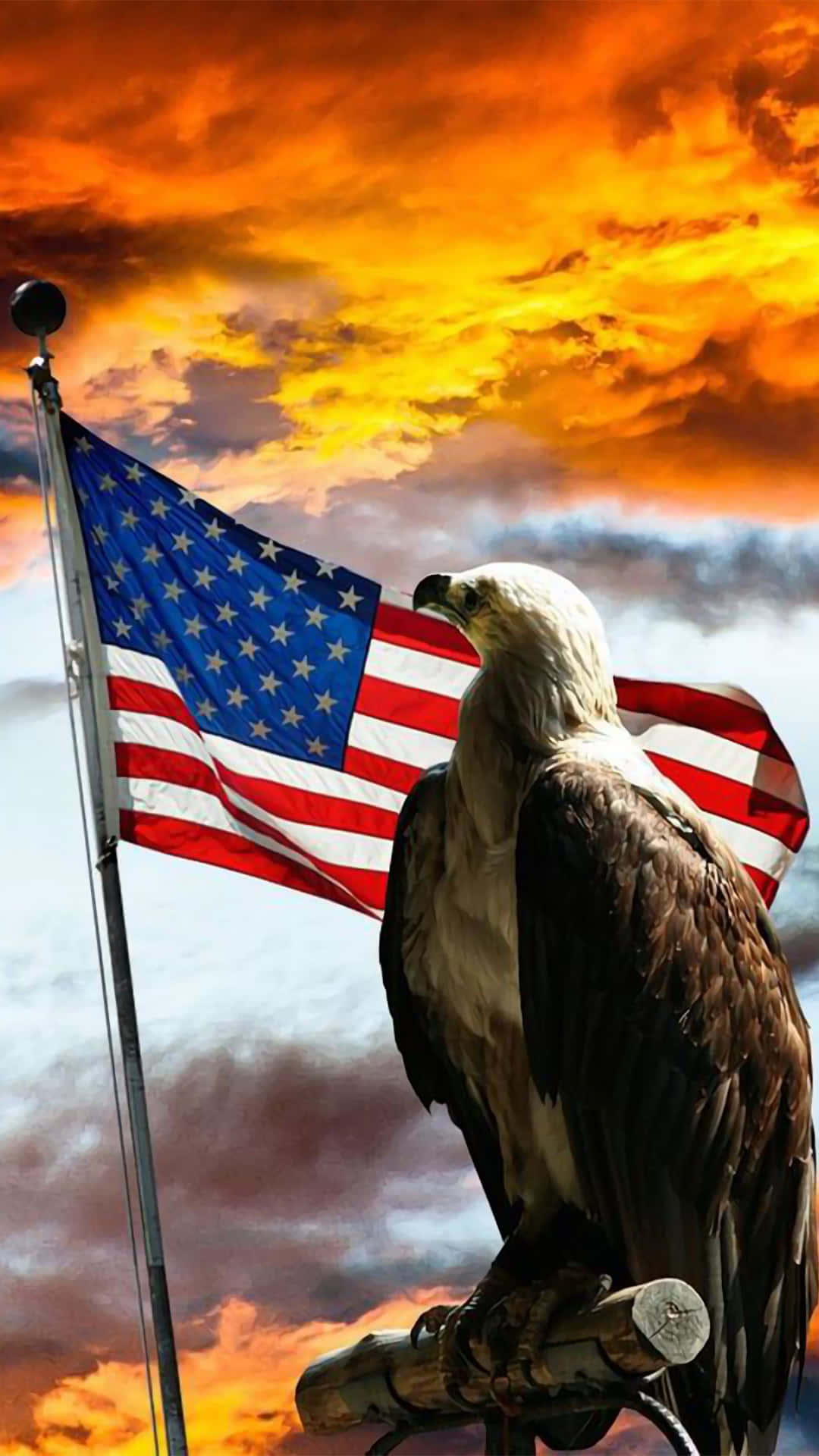 Eagle 桌布 壁紙 — 一隻白頭鷹自豪地棲息在飄揚的美國國旗旁，背景是火紅的日落天空。