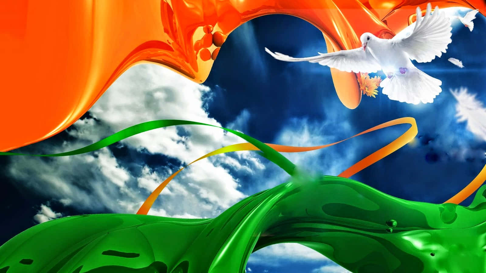 Republic Day 桌布 壁紙 — 一隻白鴿在由橙色、綠色和藍色漩渦絲帶組成的天空中翱翔，背景是蓬鬆的雲朵。