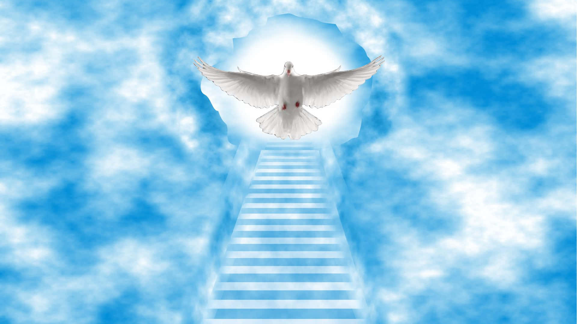Stairway To Heaven 桌布 壁紙 — 一隻白鴿展開翅膀，穿過發光的天堂之門，在明亮的樓梯上方，於充滿活力的藍天中升起。