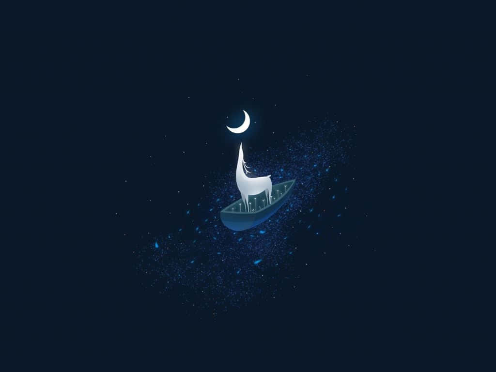 Dark Surrealism 桌布 壁紙 — 一隻白鹿站在一艘小船上，在繁星點點的夜空中漂流，上方有一彎新月。
