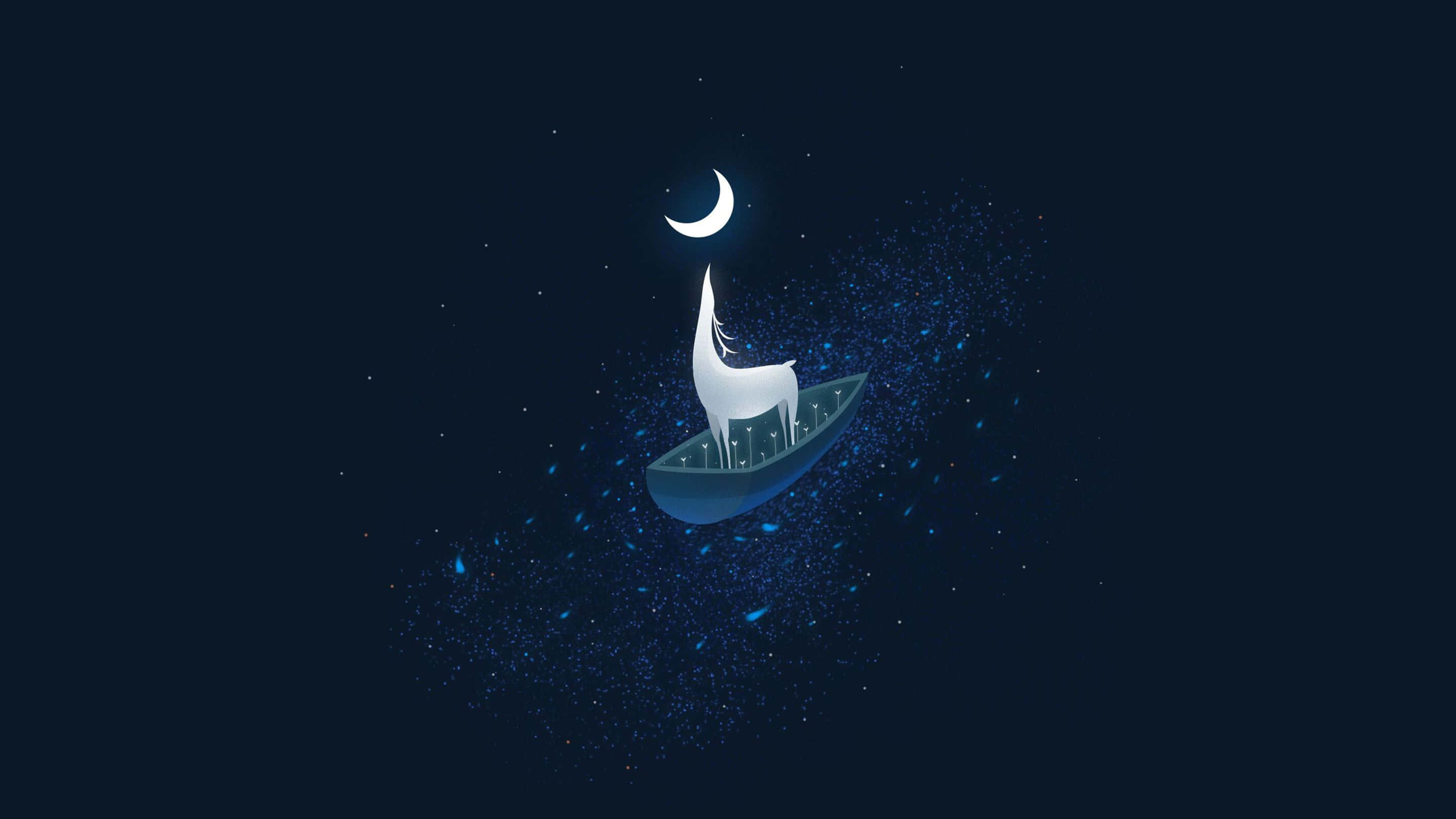 桌布 壁紙 — 一隻白鹿站在一艘小船中，在繁星點點的夜空下漂流，上方有一彎新月。