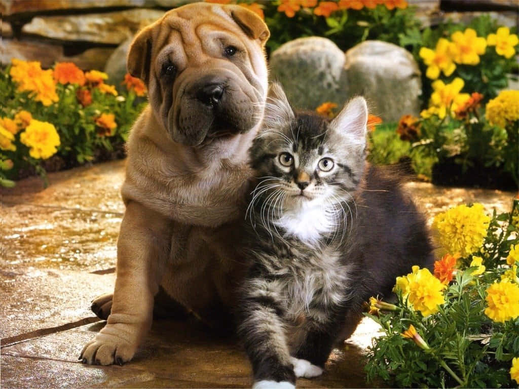 Kitten And Puppy 桌布 壁紙 — 一隻皺皮的黃褐色小狗和一隻虎斑小貓一起坐在一條石徑上，周圍是鮮黃色和橙色的萬壽菊。