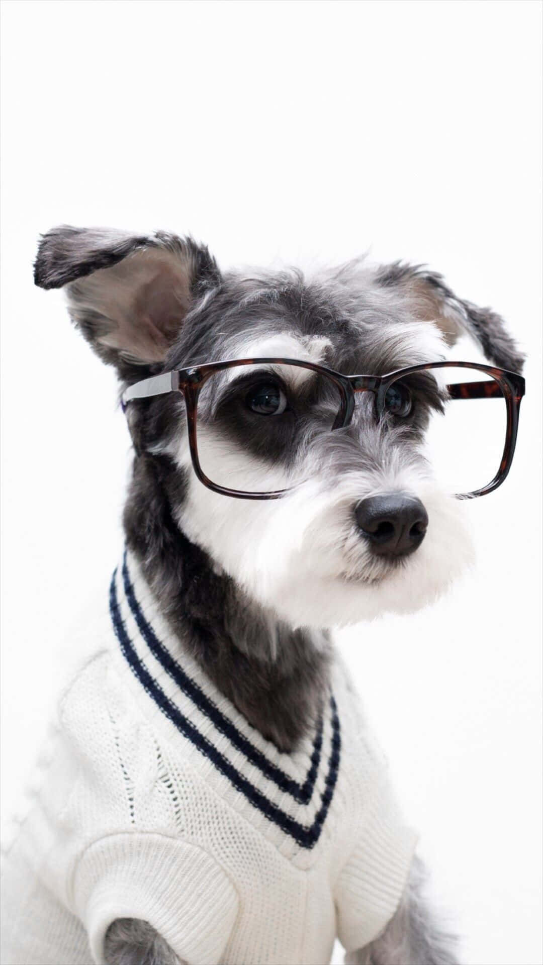 Cute Aesthetic Dog 桌布 壁紙 — 一隻看起來很聰明的雪納瑞，穿著白色毛衣和眼鏡，在純白色背景前若有所思地凝視著。