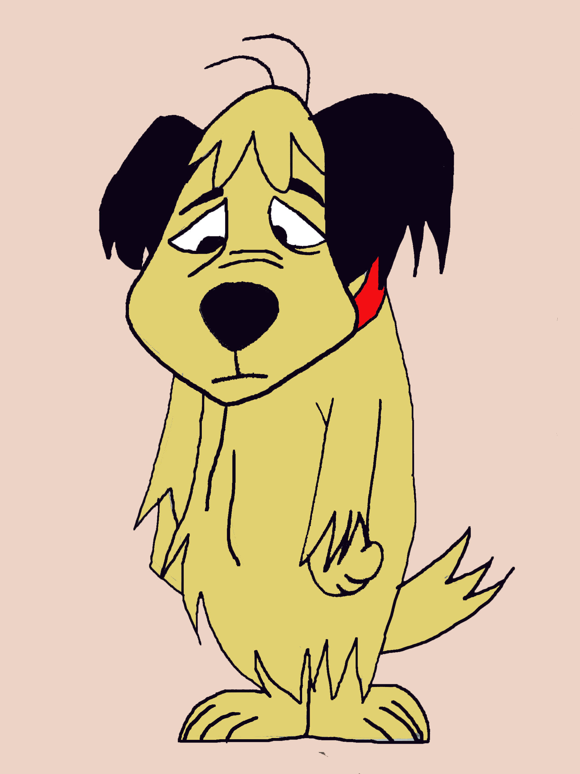 Muttley 桌布 壁紙 — 一隻看起來悲傷的卡通狗，有黃色毛髮和黑色耳朵，坐在淡粉紅色的背景前。