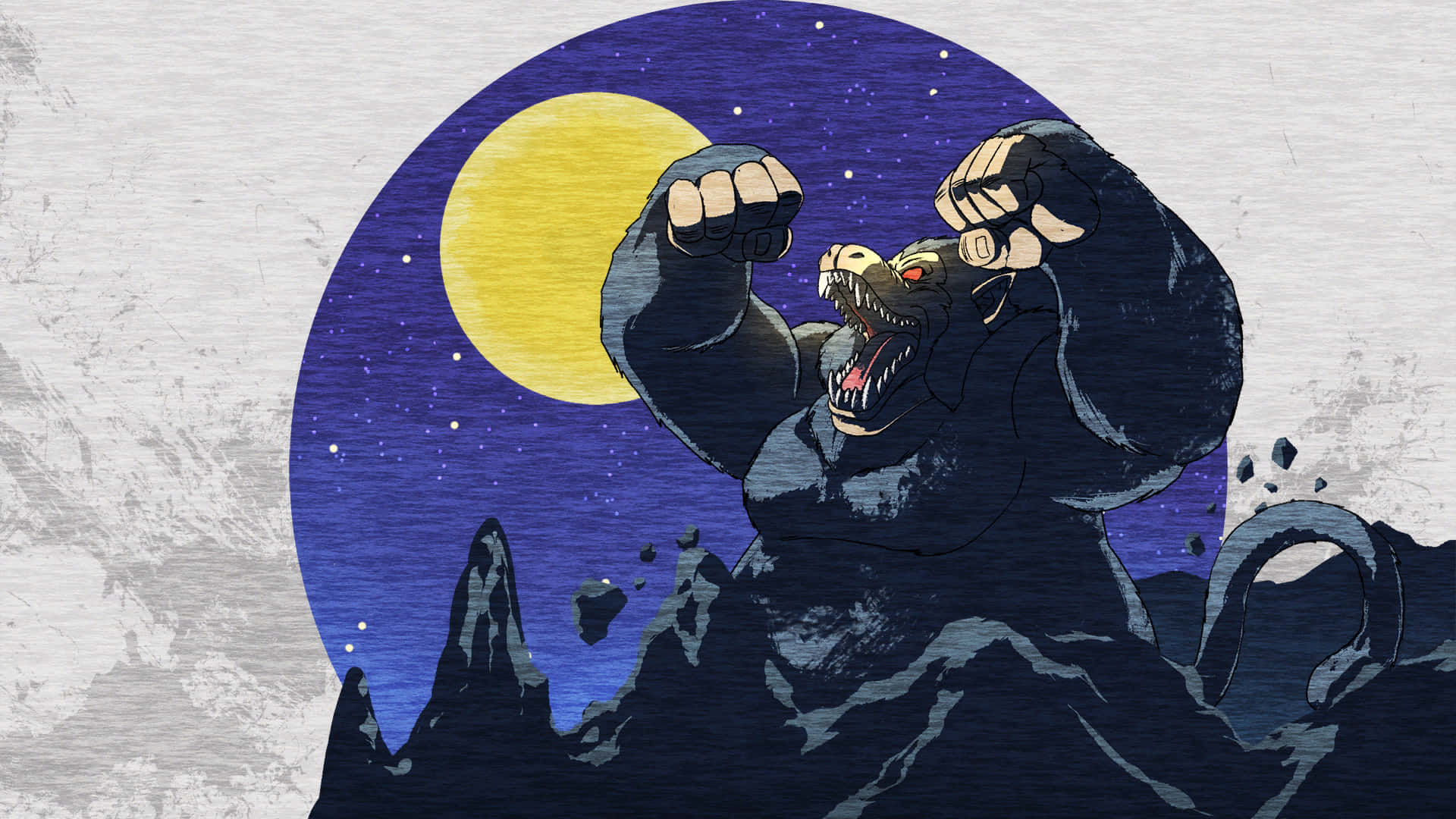 Great Ape 桌布 壁紙 — 一隻眼睛發光、咆哮的大猩猩站在崎嶇的岩石上，背景是繁星點點的夜空和一輪巨大的黃色月亮。