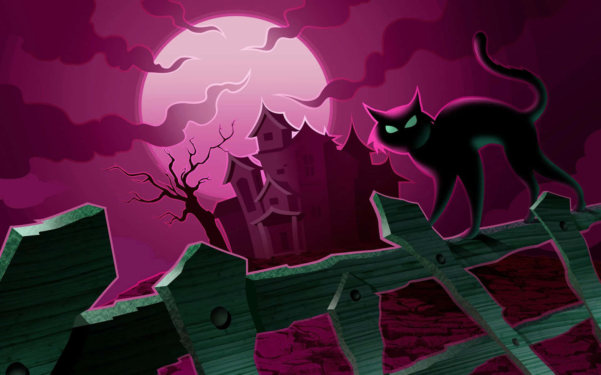 Halloween Cat 桌布 壁紙 — 一隻眼睛發光的黑貓棲息在粉紅色滿月下的鬼屋前的圍欄上。