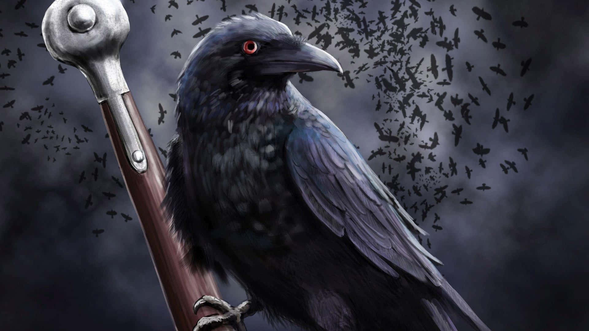 Raven 桌布 壁紙 — 一隻眼睛發紅的黑色烏鴉棲息在劍柄上，一群烏鴉在暴風雨的灰色天空中盤旋。