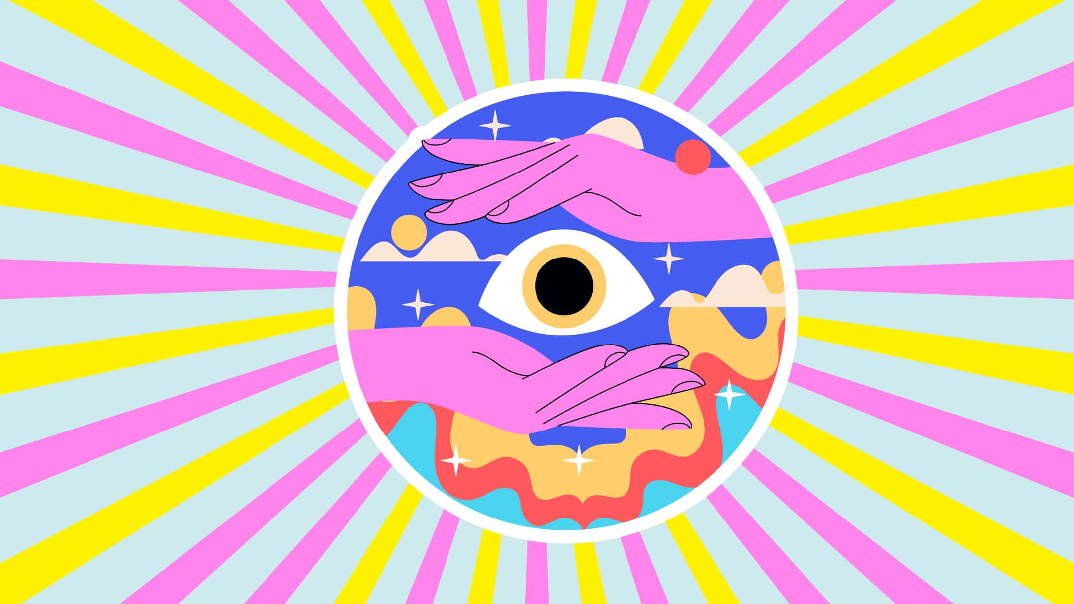 一隻眼睛的插圖，背景有雙手 壁紙