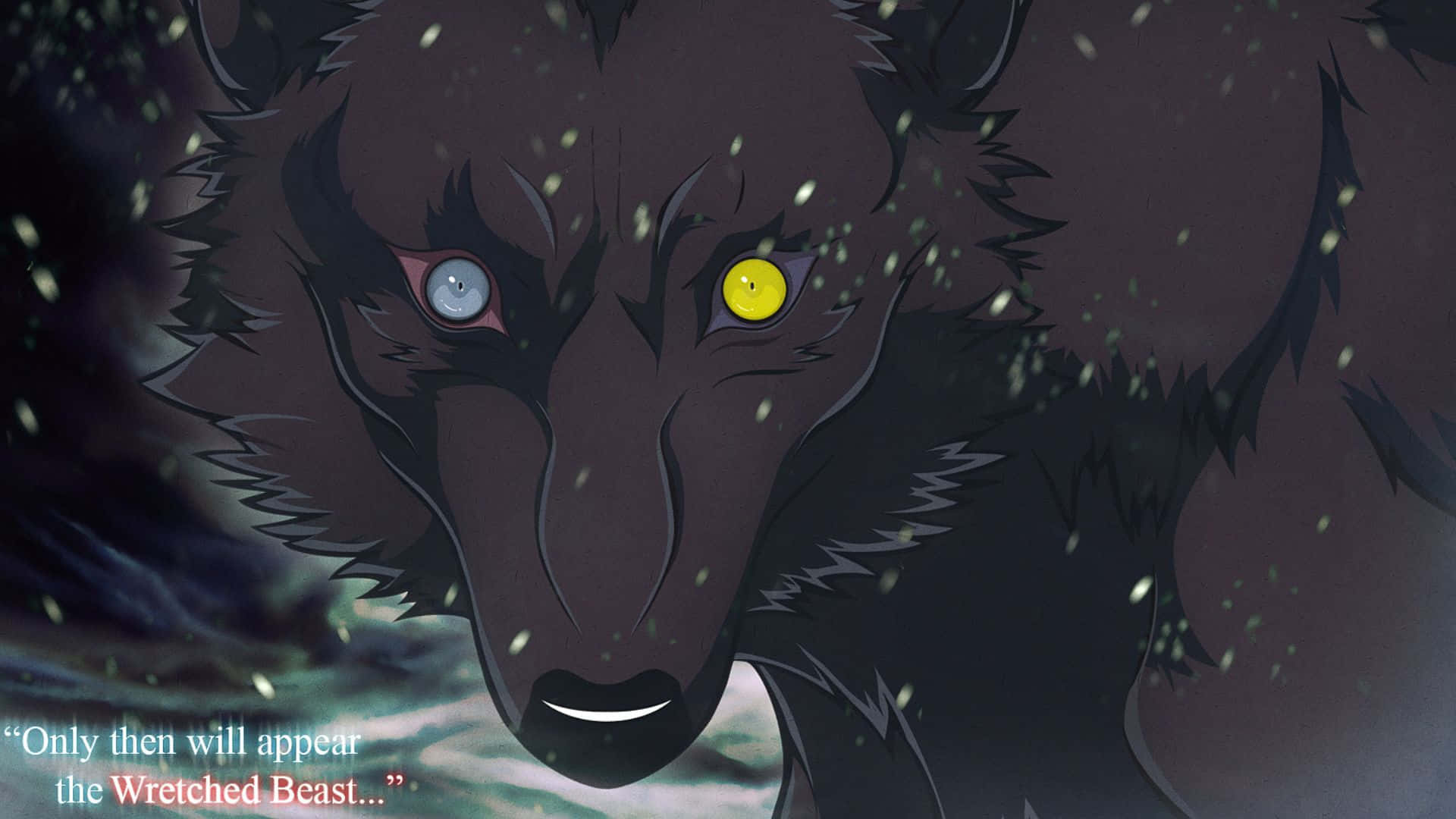 Wolf's Rain Darcia 桌布 壁紙 — 一隻眼神兇狠、雙眼顏色不同的動漫狼，在黑暗暴風雪場景中透過飄落的雪花凝視。