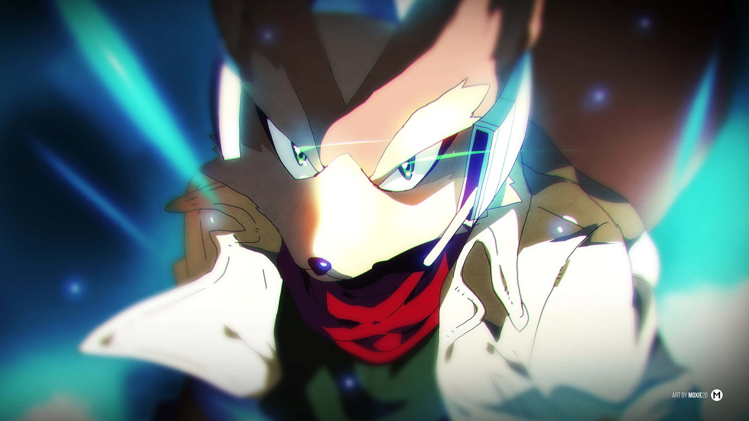 Cool Anime Fox 桌布 壁紙 — 一隻眼神堅定的動漫狐狸，擁有發光的眼睛和紅色圍巾，在充滿活力的藍色能量背景下凝視著。