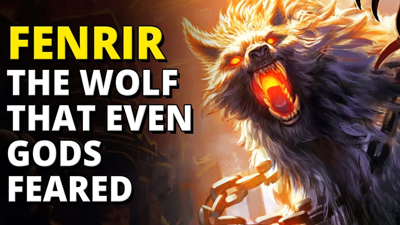 Mythical Wolf 桌布 壁紙 — 一隻眼神如火的神話狼芬里爾咆哮著，發光的下顎和斷裂的鎖鏈，以黑暗戲劇性的背景為襯托。