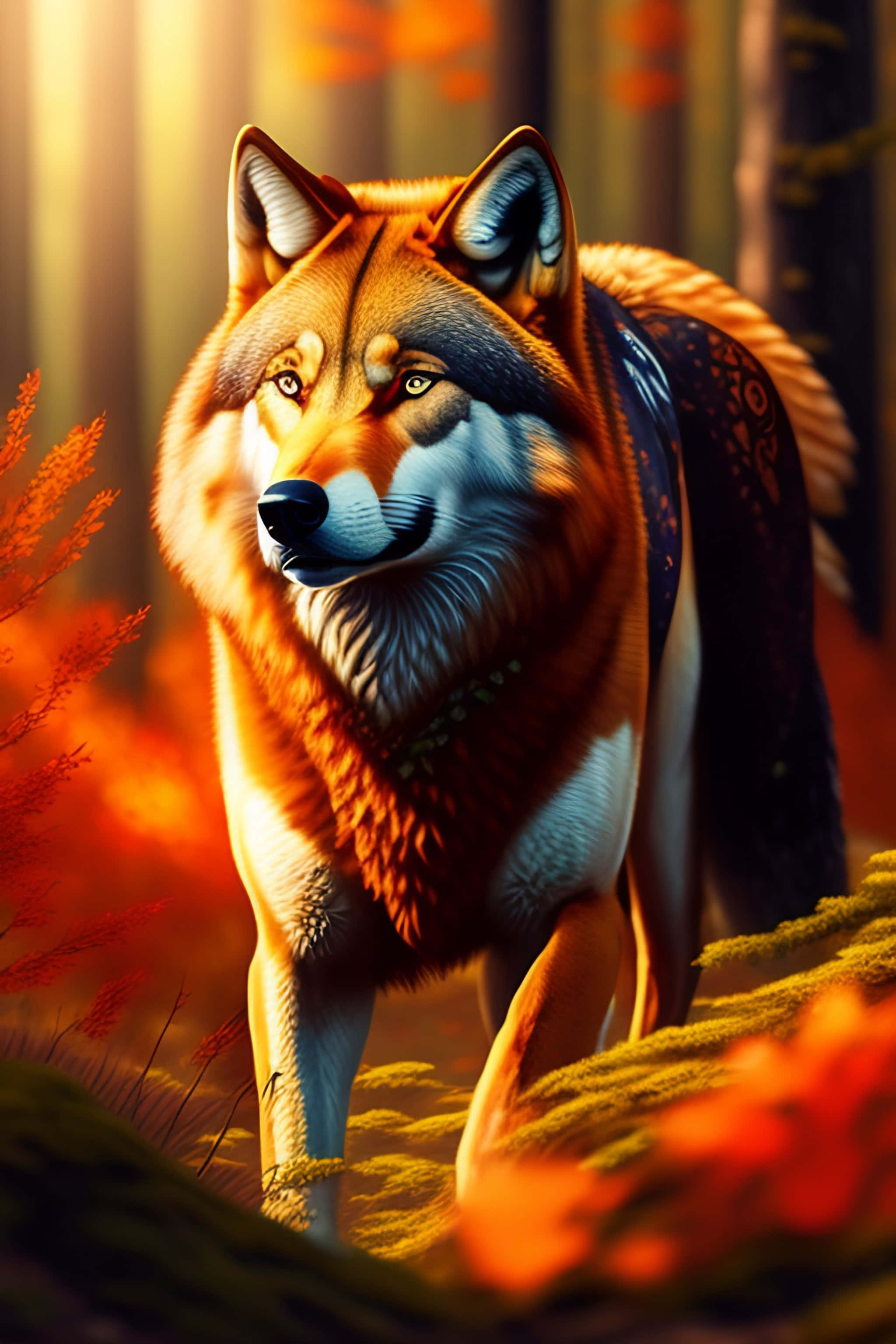 Wolf In Autumn 桌布 壁紙 — 一隻眼神發光的雄偉狼隻，大步穿過沐浴在金色日落光芒中的 vibrant 秋日森林。