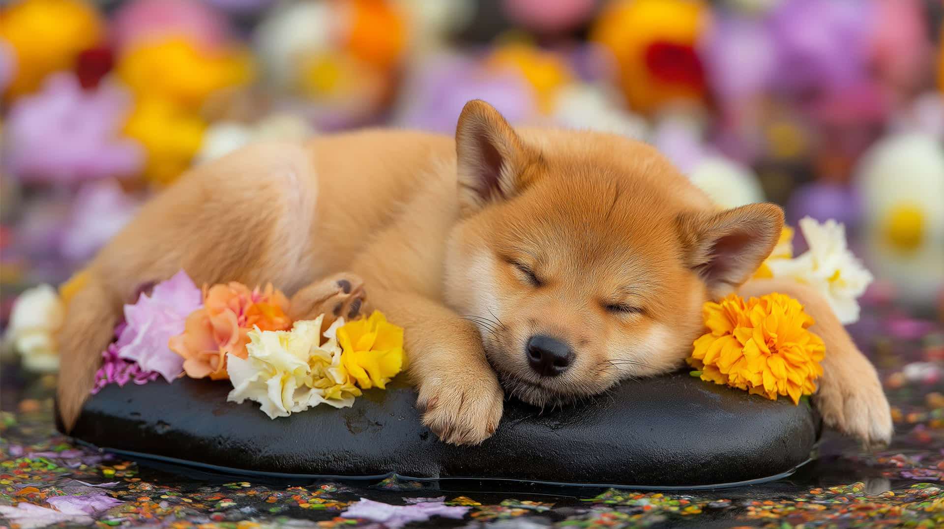 Peaceful Shiba Puppy Sleeping on a Dark Stone with Pink Flowers 壁紙 — 一隻睏倦的淺棕色柴犬寶寶將頭枕在一塊被色彩繽紛的花朵包圍的黑色石頭上。