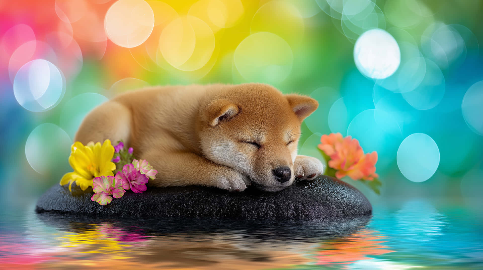 Peaceful Shiba Puppy Sleeping on a Dark Stone with Pink Flowers 壁紙 — 一隻睏倦的淺褐色小狗在色彩繽紛的花朵和彩虹散景燈光包圍的暗色石頭上安寧地休息。