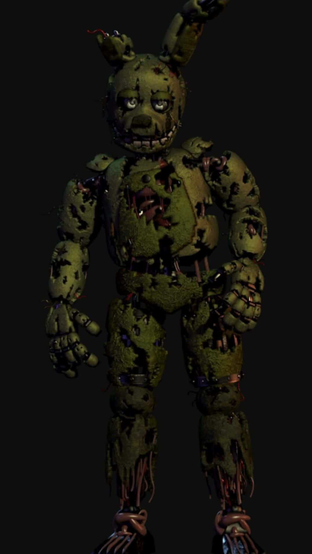 Scary Fnaf 桌布 壁紙 — 一隻破爛的綠色電子兔，露出電線和血跡，在黑色背景上威嚇地站立。