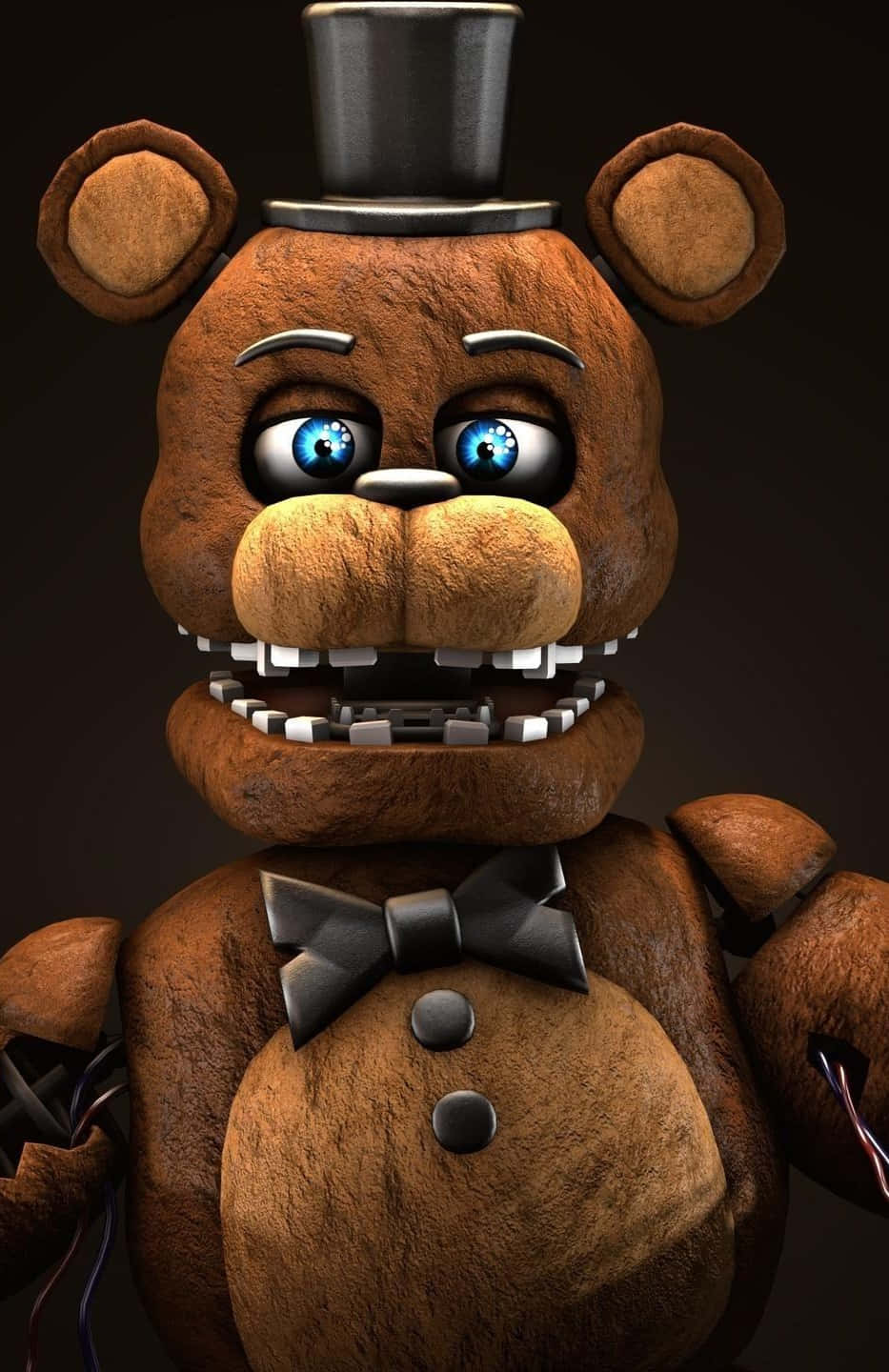five nights at freddy's 桌布 壁紙 — 一隻破舊的棕色電子熊，發著藍光的眼睛和戴著高頂帽，在黑暗背景下強烈凝視。