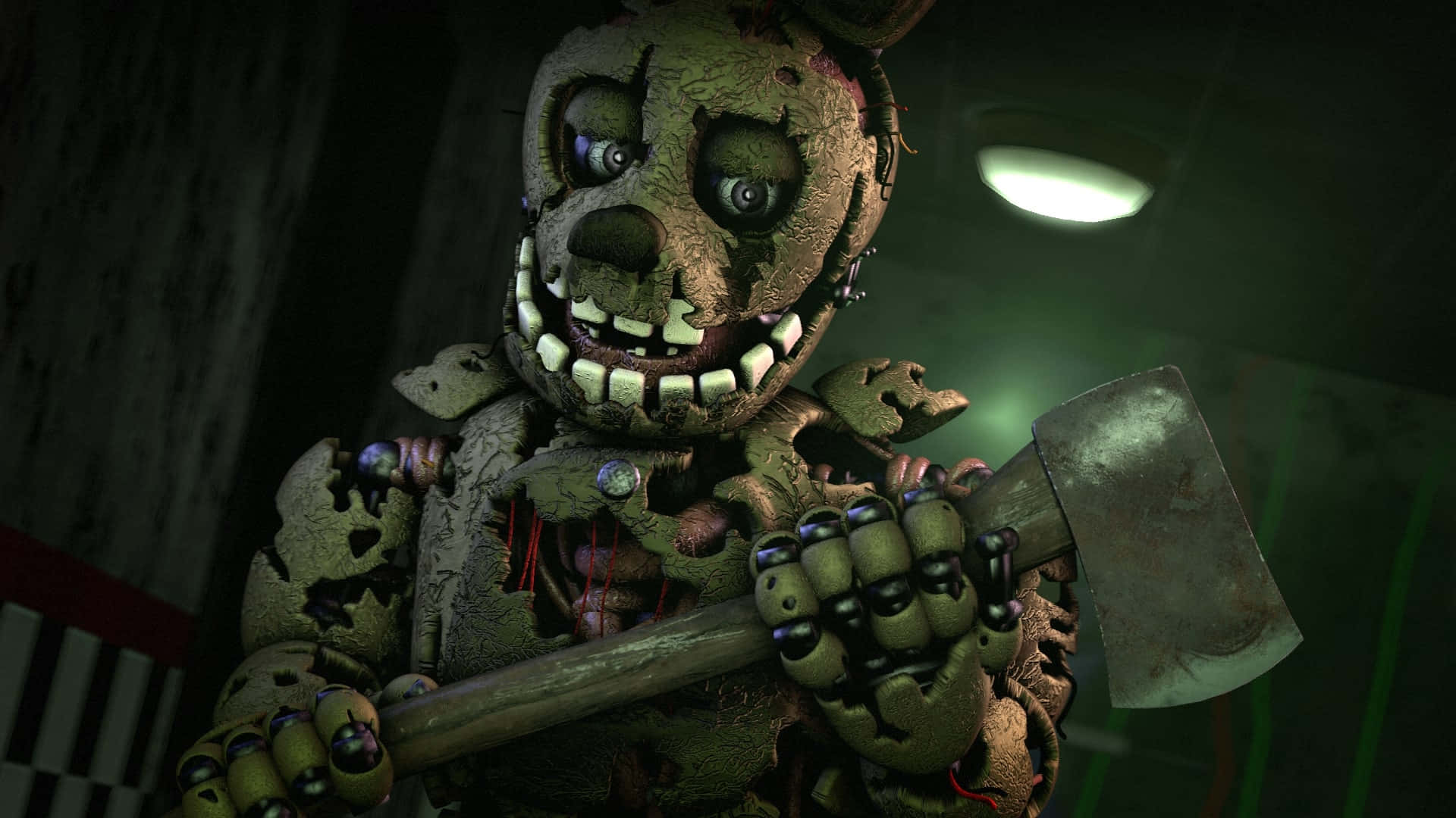 Springtrap 桌布 壁紙 — 一隻破舊的電子熊，露出電線和牙齒，在昏暗陰森的房間裡握著一把生鏽的斧頭。