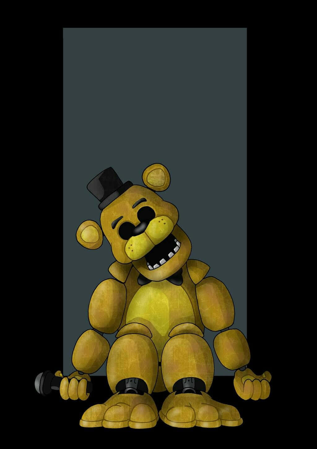 Golden Freddy 桌布 壁紙 — 一隻破舊的黃色機械熊戴著高帽，咧嘴大笑，靠著深灰色牆壁坐著。