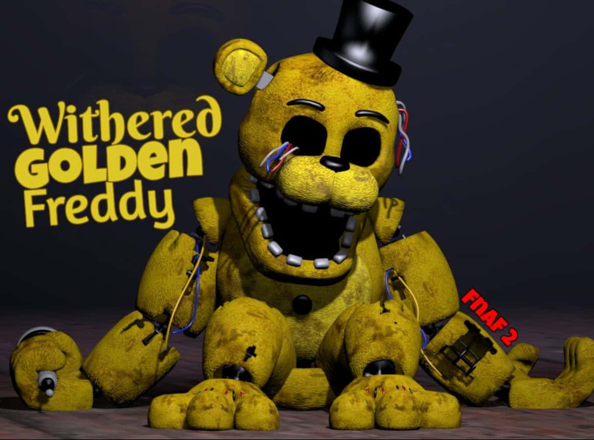 Golden Freddy 桌布 壁紙 — 一隻破舊的黃色電子熊，露出電線，戴著高帽，在黑暗背景下威脅地坐著。