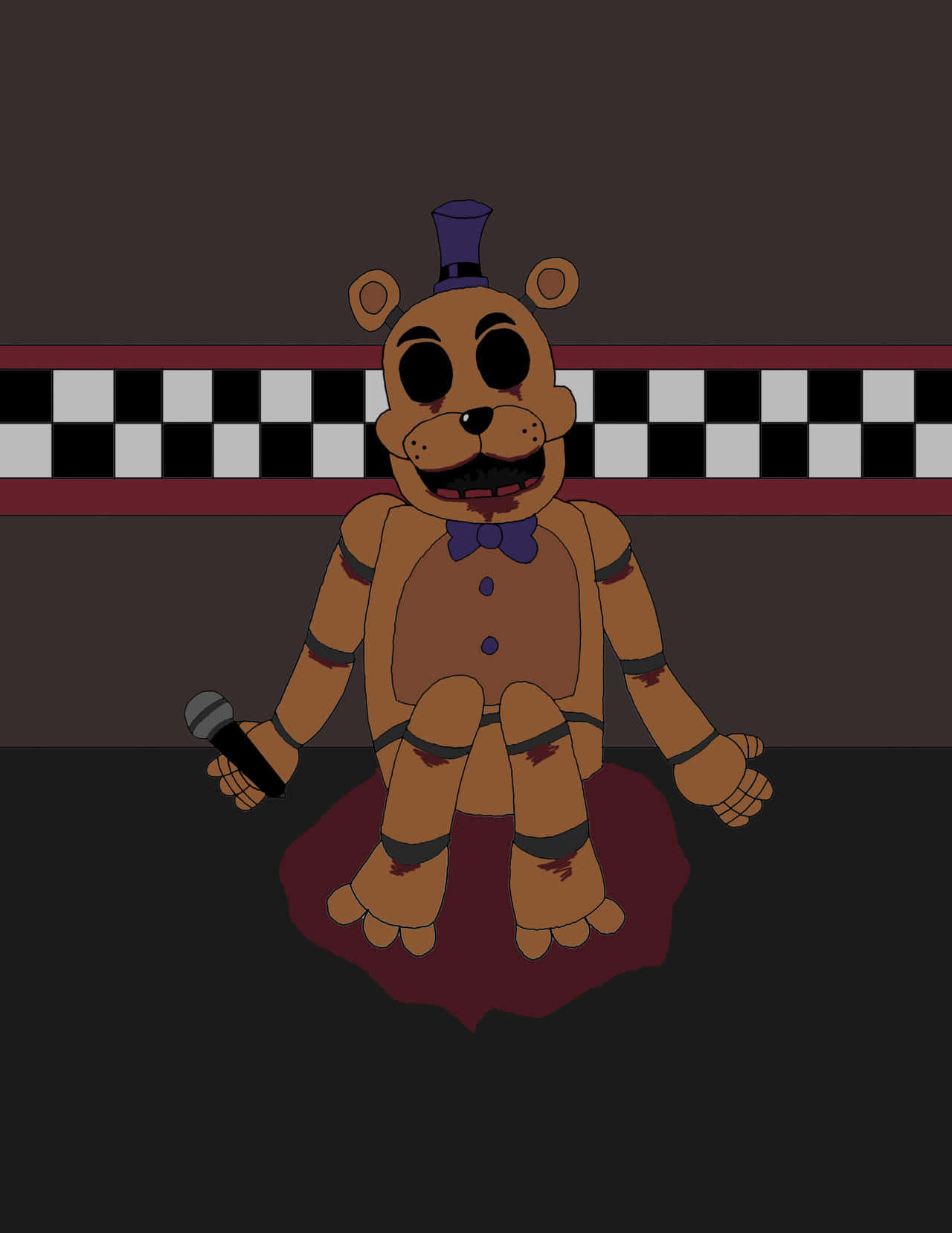 Fazbear Frights 桌布 壁紙 — 一隻磨損的棕色電子熊，戴著高帽和領結，坐在紅色污漬上，對著格子牆拿著麥克風。