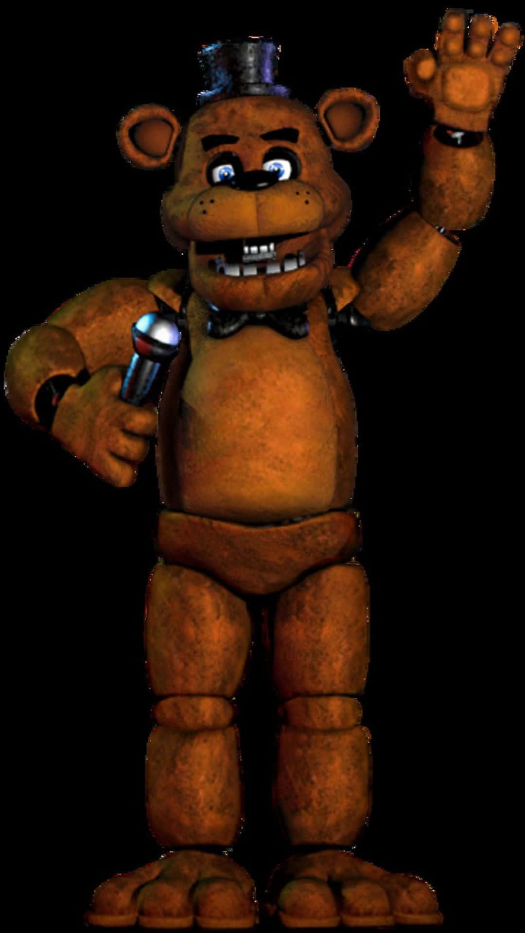 Fazbear Frights 桌布 壁紙 — 一隻磨損的棕色電子熊，眼睛發光，在黑色背景前揮舞著麥克風。
