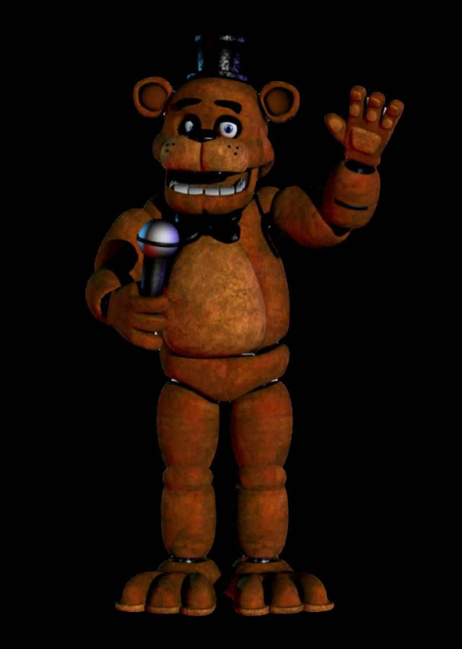 Freddy Fazbear 桌布 壁紙 — 一隻磨損的棕色電子熊戴著高帽，在黑色背景前揮手並拿著麥克風。