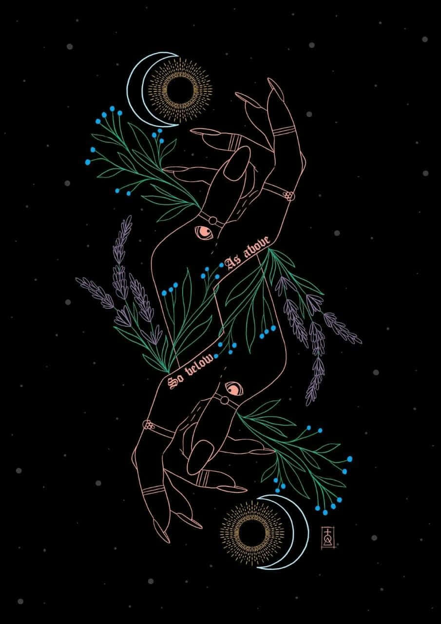Witch Aesthetic 桌布 壁紙 — 一隻神秘插圖手，在帶有新月和煉金術符號的星空夜空背景下握著草藥。