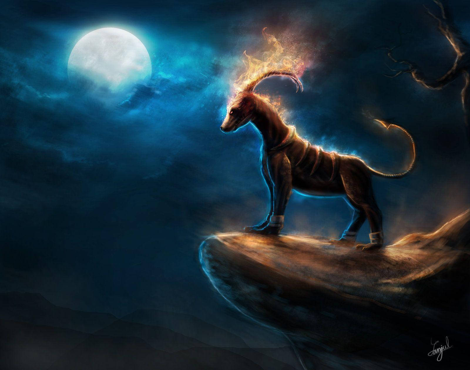 寶可夢 桌布 壁紙 — 一隻神秘的火焰角犬站在懸崖上，下方是深藍色夜空中的一輪發光的滿月。