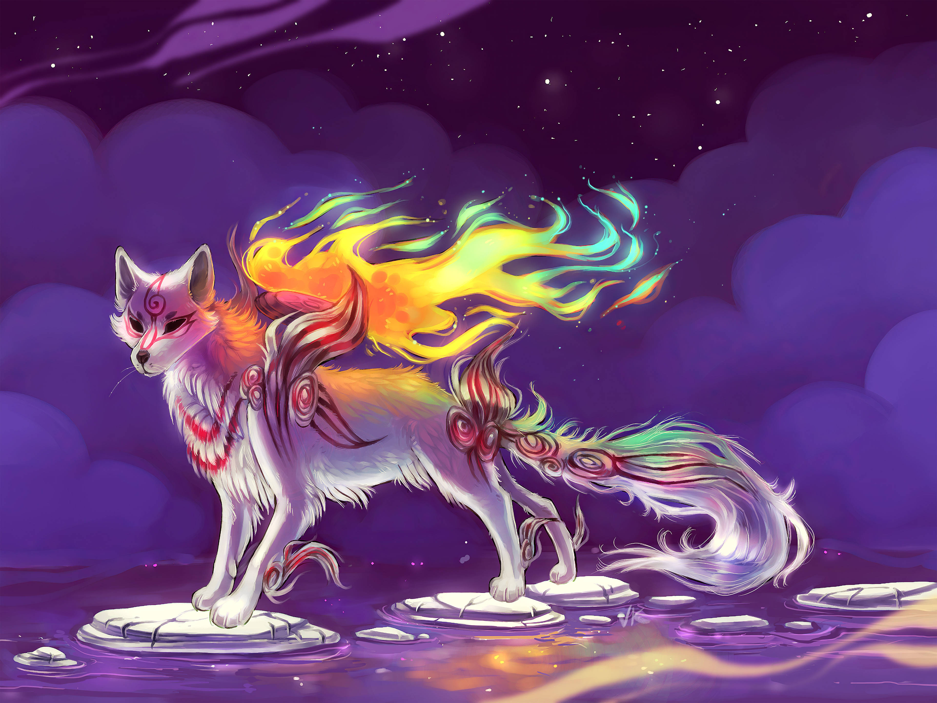 Okami 桌布 壁紙 — 一隻神秘的白色狐狸，擁有火焰般的彩虹鬃毛和華麗的標記，站在浮石上，背景是繁星點點的紫色天空。