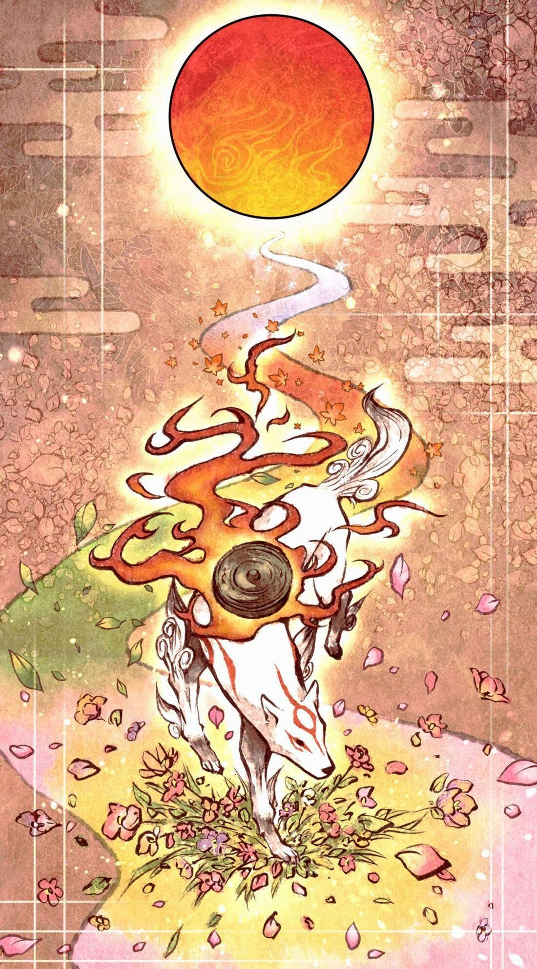 Okami 桌布 壁紙 — 一隻神秘的白色狐狸，有著火紅的橙色鬃毛和櫻花，在發光的紅太陽下跳舞，呈現超現實的插圖場景。