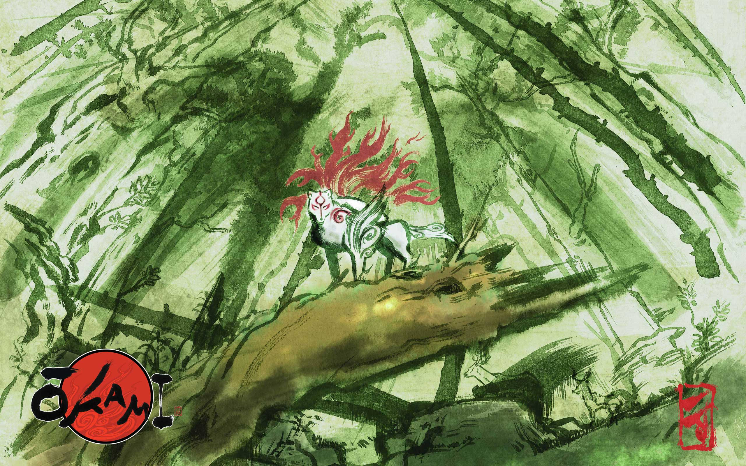Okami 桌布 壁紙 — 一隻神秘的白色狐狸，有著火紅色的鬃毛，站在一根倒下的圓木上，背景是茂密的綠色森林，以富有表現力的水墨風格呈現。