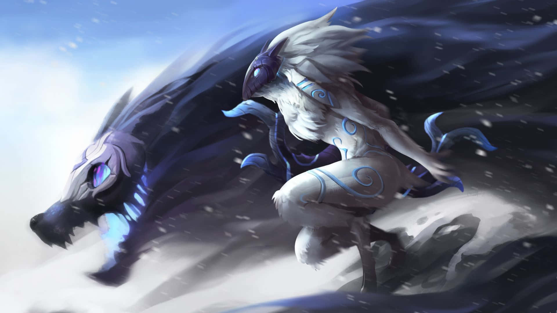 1920x1080 League Of Legends 桌布 壁紙 — 一隻神秘的白色狼，擁有發光的藍色眼睛和漩渦圖案，在雪天背景下騎乘黑暗的暴風波浪。