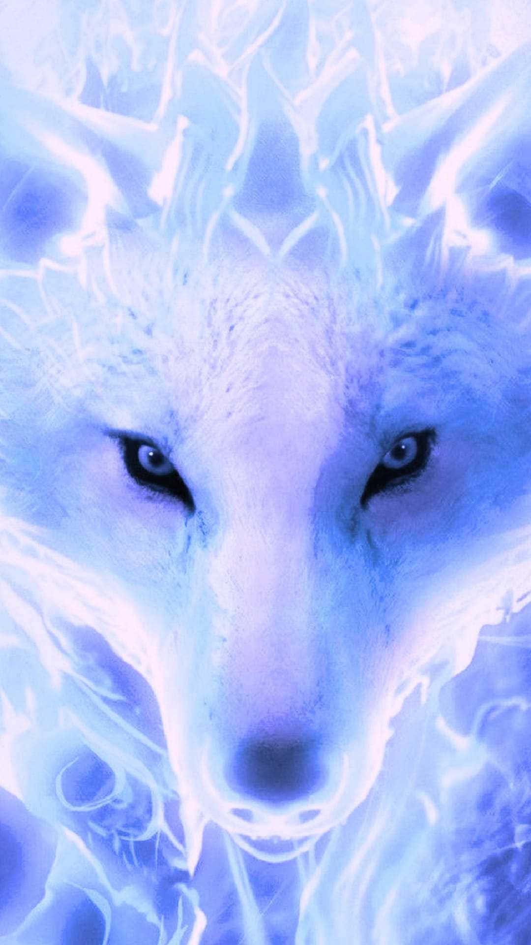 Epic Wolf 桌布 壁紙 — 一隻神秘的白色狼，擁有發光的藍色眼睛，被冰藍色能量和霜凍圖案包圍。