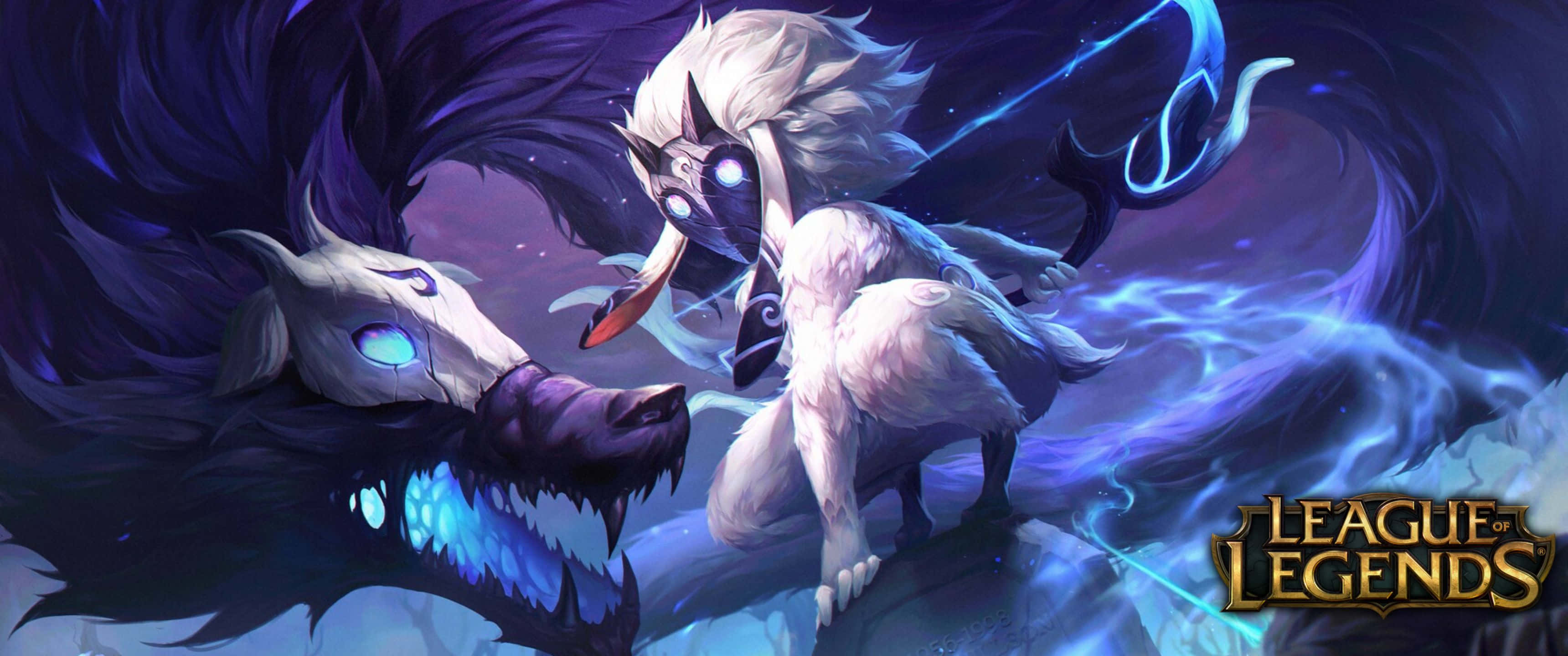3440x1440p League Of Legends 桌布 壁紙 — 一隻神秘的白色狼，擁有發光的藍色眼睛和電光環，在宇宙風暴中與一隻深紫色的狼對峙。