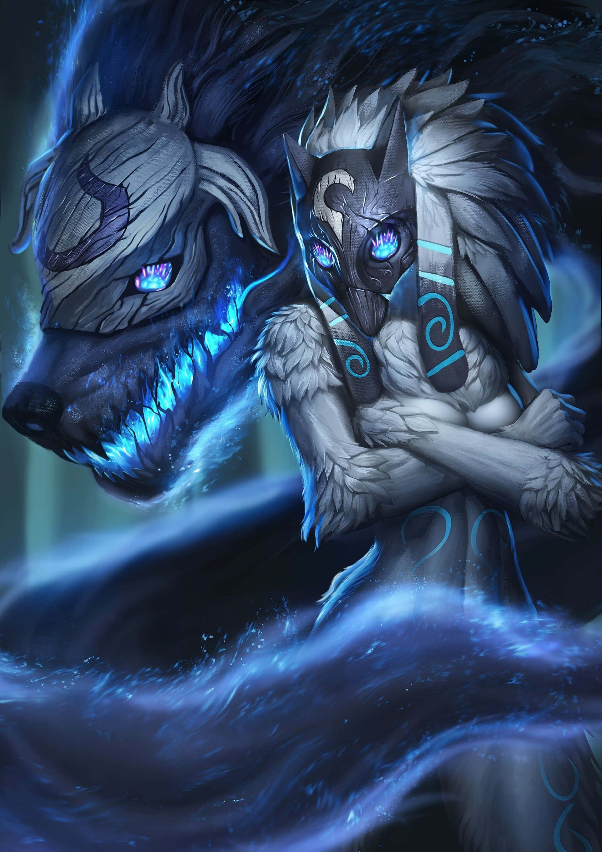 League Of Legends Phone 桌布 壁紙 — 一隻神秘的藍毛狼，擁有發光的眼睛和華麗的紋飾，站在旋轉的能量中，散發出力量與神秘。