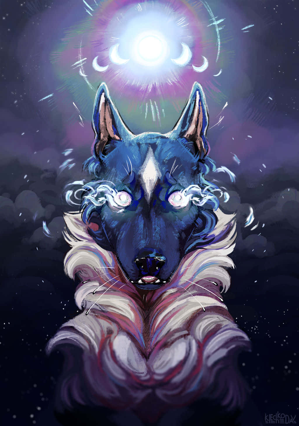 Wolf Aesthetic 桌布 壁紙 — 一隻神秘的藍色狼，眼睛發光，在由新月環繞的燦爛宇宙太陽下向上凝視。