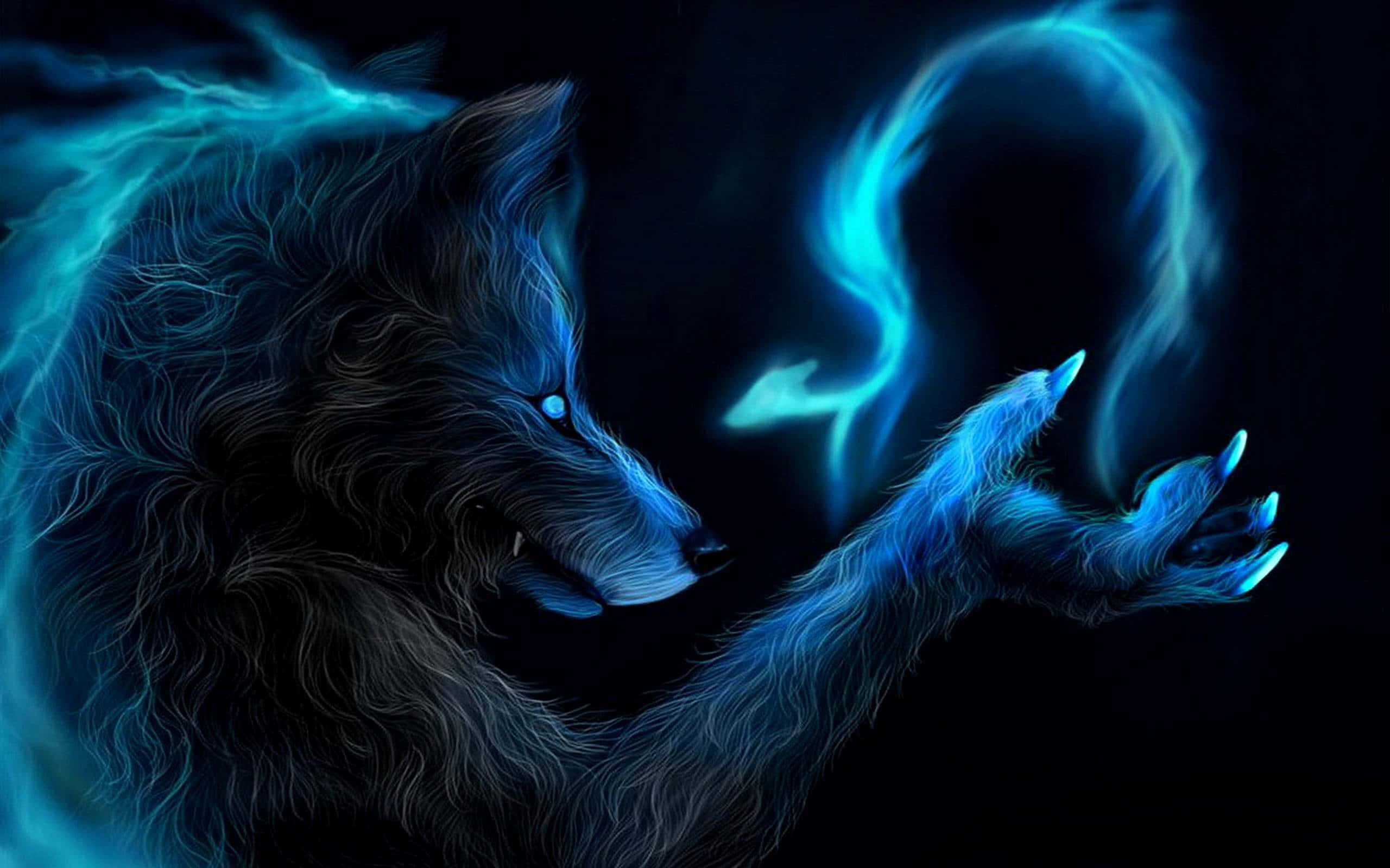 狼人 桌布 壁紙 — 一隻神秘的藍色發光狼在黑暗虛空中將爪子伸向旋轉的能量漩渦。
