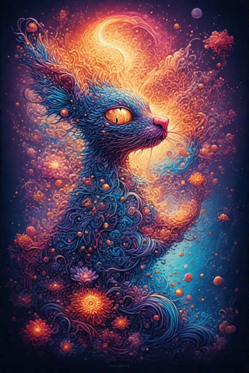 Vibrant Inspiring Digital Art Idea Sparking 8K 壁紙 — 一隻神秘的藍貓，閃爍著琥珀色的眼睛，從旋轉的宇宙圖案和火紅的橙色花朵中浮現，背景是深靛藍色。