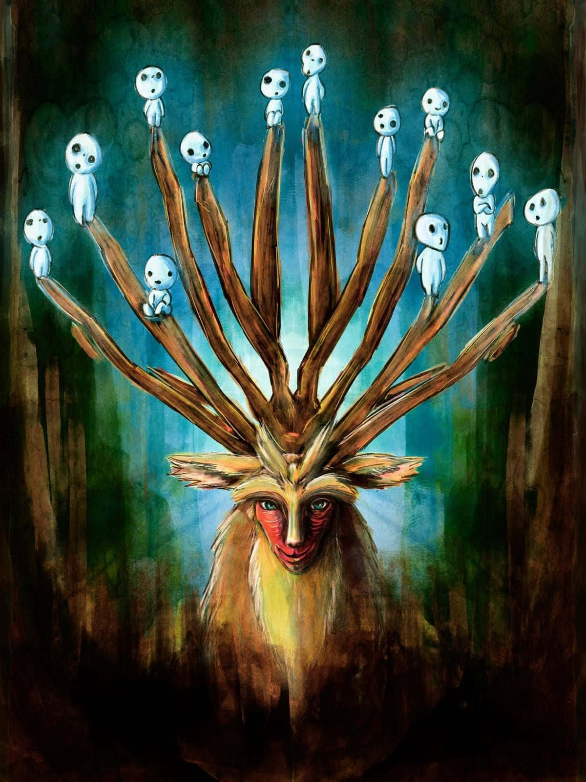 魔法公主 桌布 壁紙 — 一隻神秘的鹿，有發光的眼睛和頂著細小白色靈魂的鹿角，站在黑暗森林中，在藍綠色燈光之下。