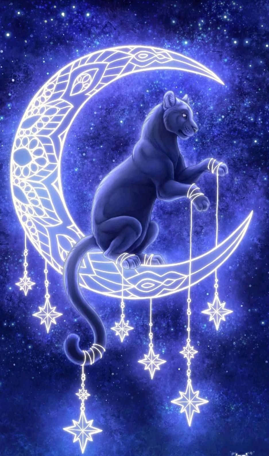 桌布 壁紙 — 一隻神秘的黑豹威嚴地坐在一個發光的彎月上，月亮上飾有複雜的圖案和懸掛的星星，背景是繁星點點的夜空。