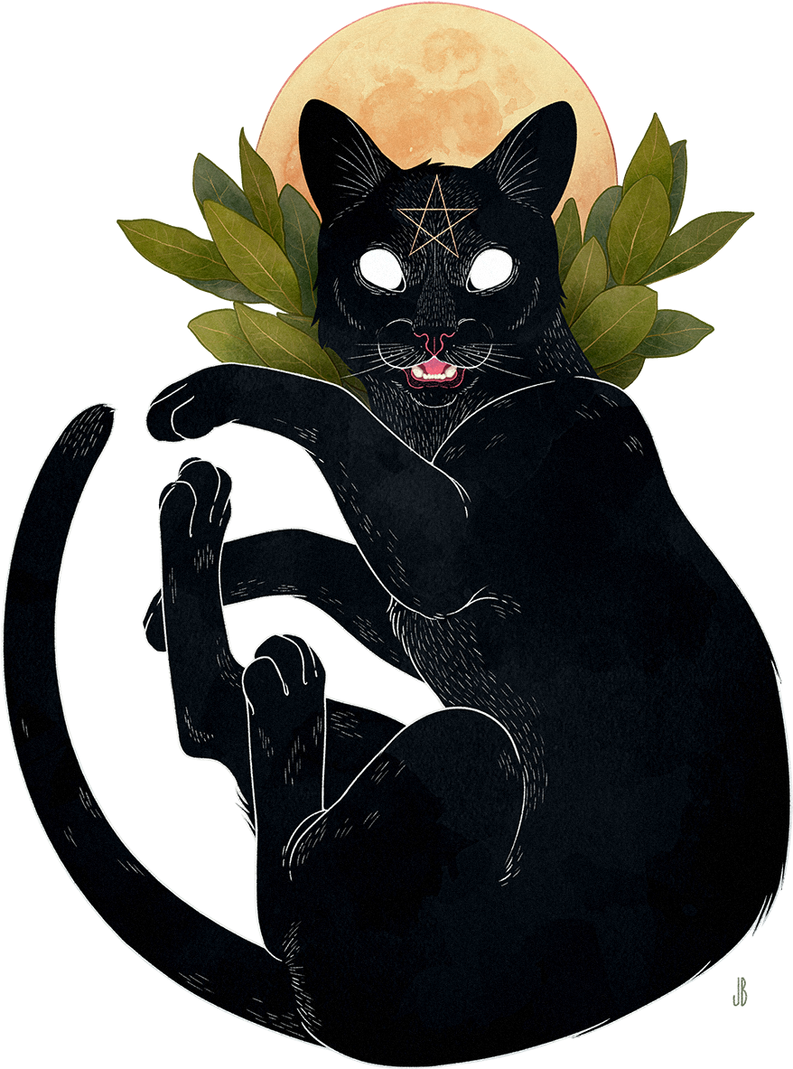 Cat Drawing 桌布 壁紙 — 一隻神秘的黑貓，眼睛發光，額頭上有五角星，坐在被綠葉環繞的滿月下。
