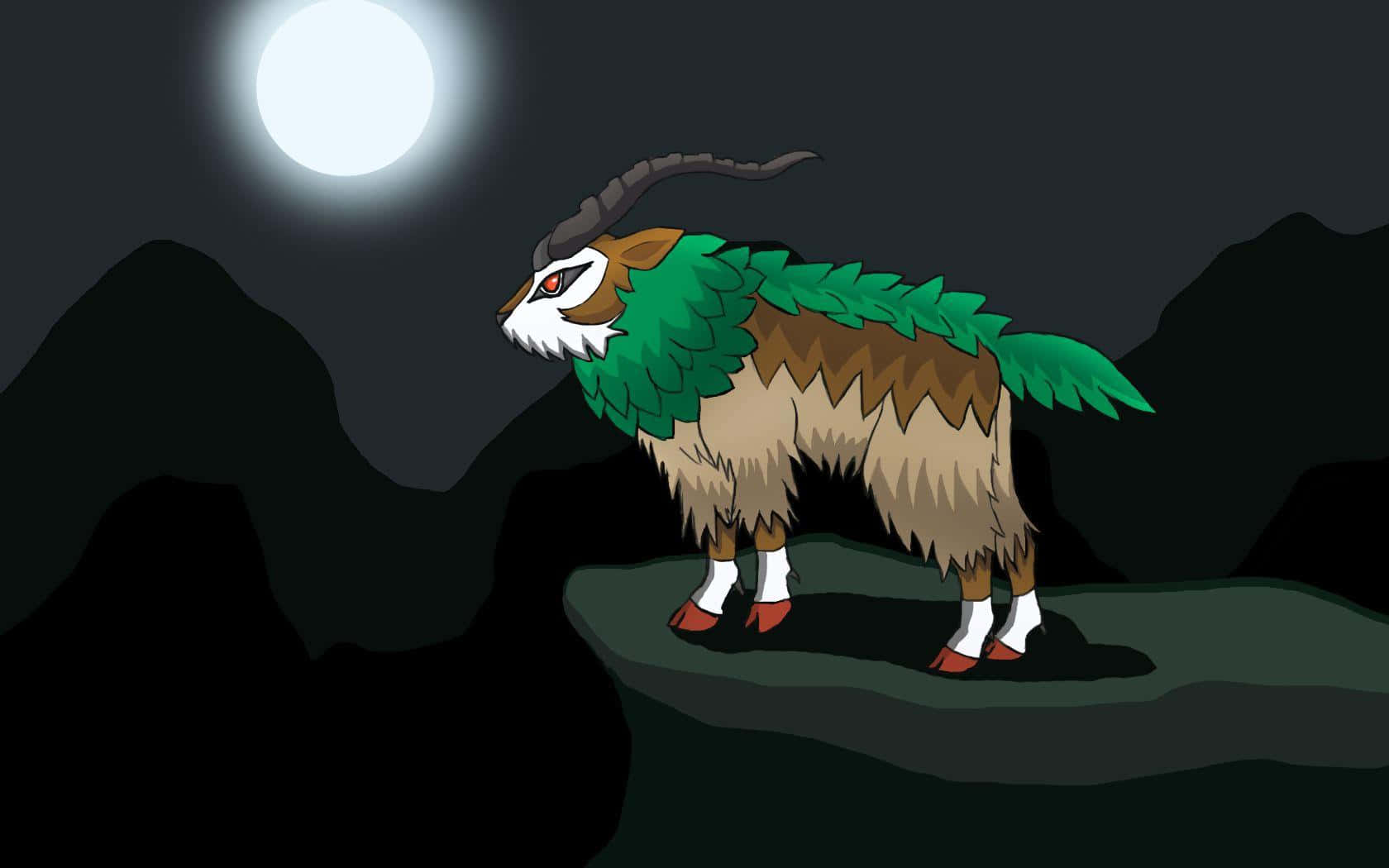 寶可夢 桌布 壁紙 — 一隻神話中像山羊的生物，有著綠色葉狀鬃毛和尾巴，站在懸崖上，背景是黑暗的山脈，頭頂一輪明亮的滿月。