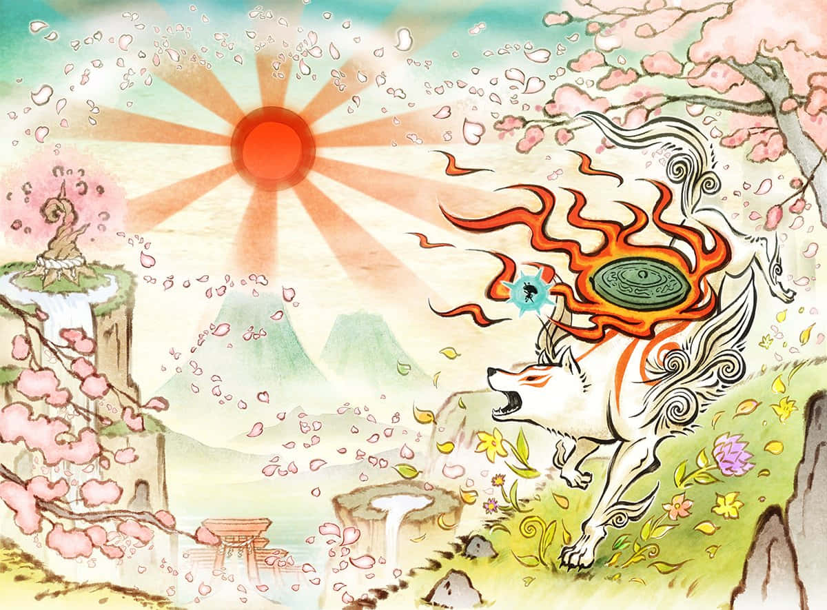 Okami HD 桌布 壁紙 — 一隻神話中的狐狸，擁有火焰般的鬃毛，在燦爛的陽光下跳過櫻花花瓣，呈現出充滿活力的日本幻想場景。