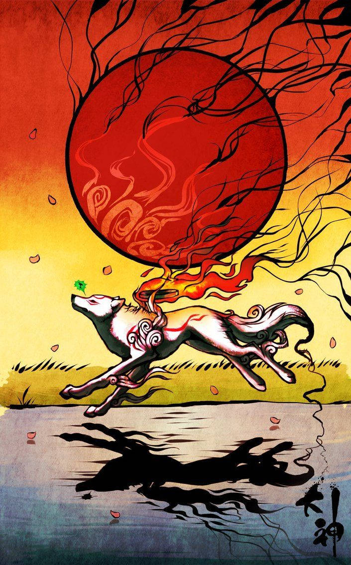 Okami 桌布 壁紙 — 一隻神話般的白色狗，帶有漩渦圖案，在帶有黑色觸手的火紅太陽下躍過水面。
