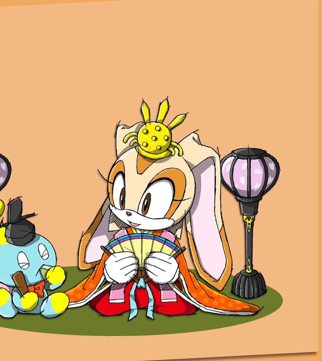 Cream The Rabbit 桌布 壁紙 — 一隻穿著傳統日本服裝的卡通兔子拿著扇子，旁邊坐著一個藍色生物和燈籠。