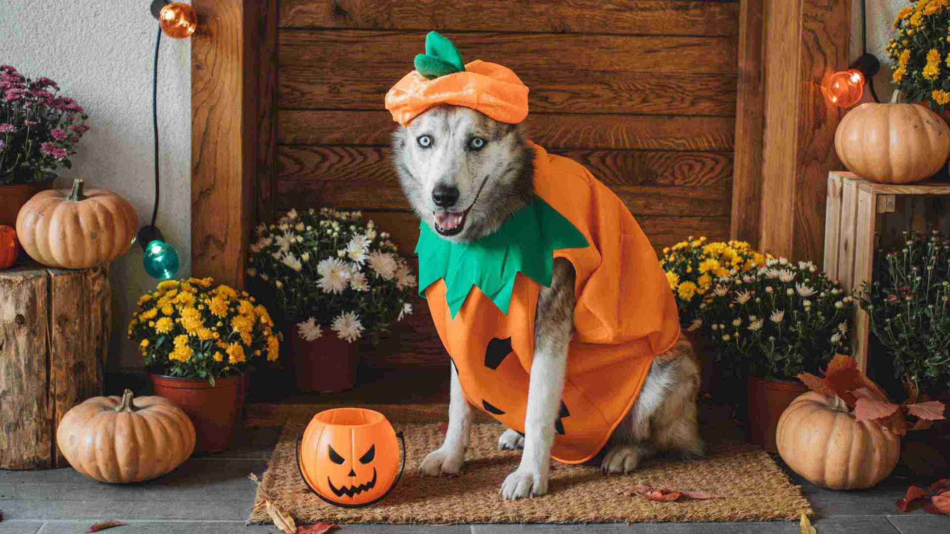 Halloween Pet Costumes 桌布 壁紙 — 一隻穿著南瓜服裝的哈士奇狗快樂地坐在秋季裝飾和南瓜之中。