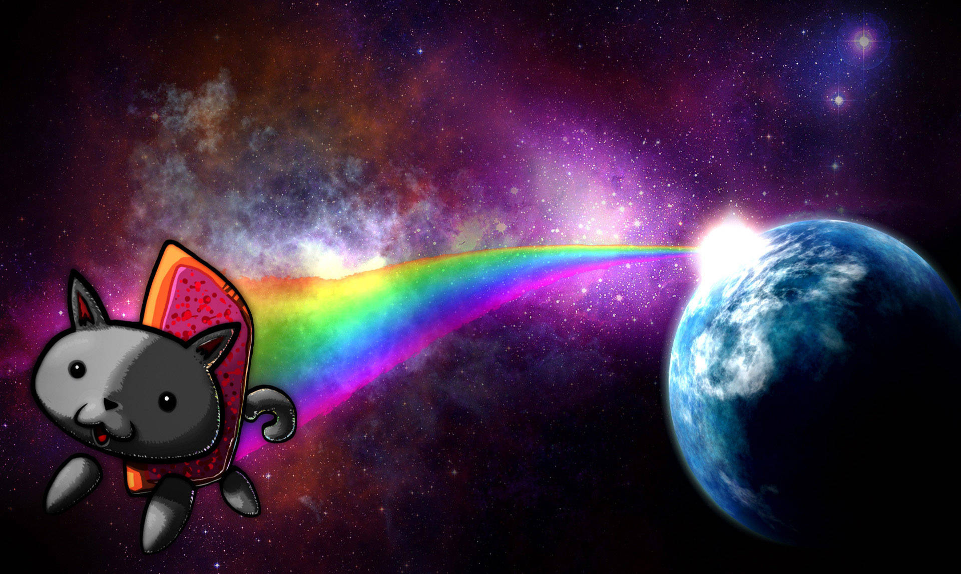 meme 桌布 壁紙 — 一隻穿著噴射背包的卡通貓，在星光宇宙背景下向一顆藍色行星發射彩虹光束。